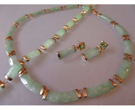 Modern Far Eastern 9ct gold and jade mounted necklace, a similar silver mounted bracelet and a pair of unmarked earrings