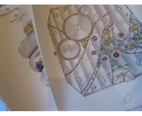 Group of seven Patek Philippe advertising lithographs depicting watch movements etc, unframed