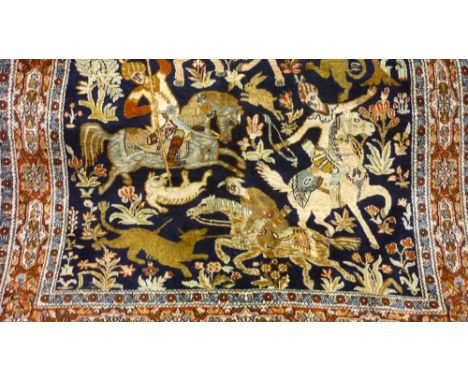 Indo Persian rug with all-over hunting design on a midnight blue ground