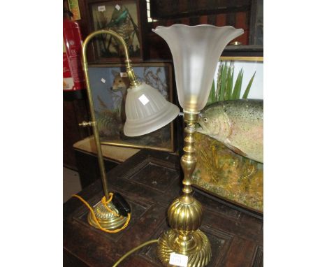 Edwardian brass adjustable table lamp with frosted glass shade (a/f), together with another similar brass table lamp