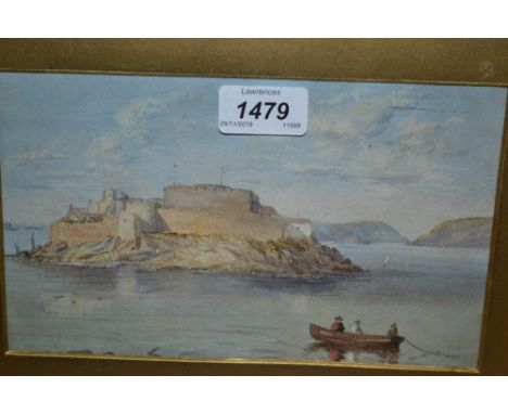 Small 19th Century watercolour, figures in an open boat before a fortified island, together with two gilt framed coloured por