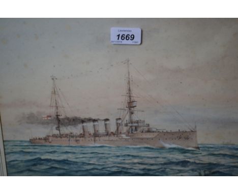 W. Sutton, watercolour, portrait of battleship H.M.S. Devonshire, signed, 9.5ins x 13ins, gilt framed