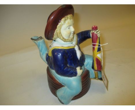 Victorian Majolica pottery Manxman teapot, modelled as a three legged sailor seated on a coil of rope