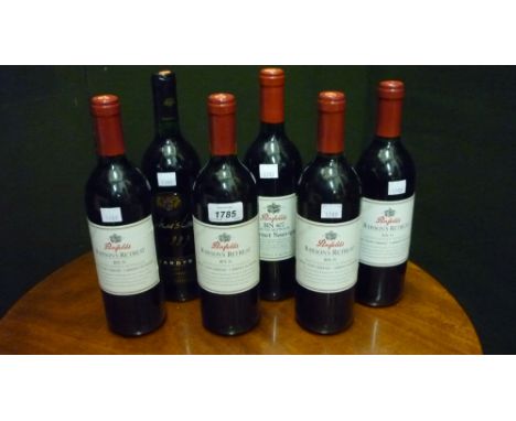 Four bottles Penfolds Rawson's Retreat bin 35 Shiraz, Ruby Cabernet, Cabernet Sauvignon, vintage 1998, one bottle Penfolds bi