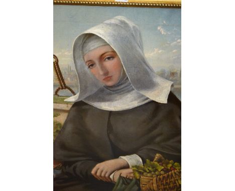 19th Century oil on canvas, ' Le Bon Voyage ', a portrait of a nun seated on a ship, 29ins x 24ins, gilt framed