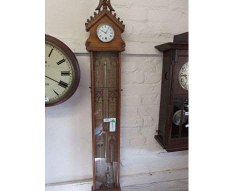 19th Century oak cased Admiral Fitzroy barometer / thermometer, the pediment inset with a single train clock