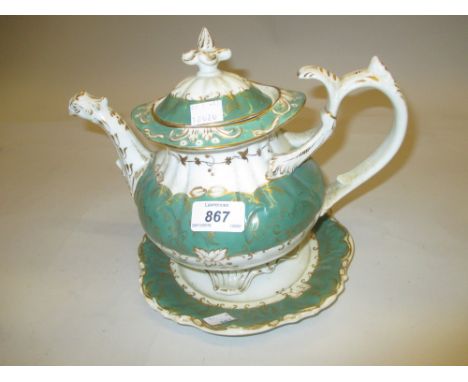 19th Century white and green banded floral and gilt decorated teapot, together with matching stand, two 19th Century comports