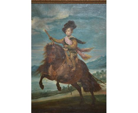 After Velazquez, 19th Century oil on canvas, portrait of Prince Balthasar Charles on horseback in a landscape, 12ins x 10ins,