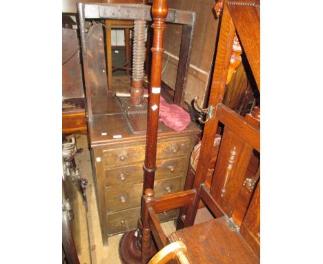 Mahogany turned standard lamp, stained beech standard lamp and a folding cake stand