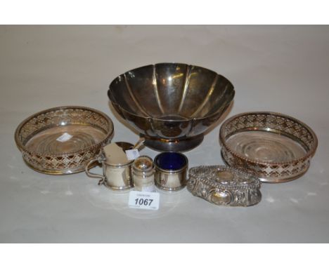 Three piece silver condiment set, an oval silver trinket box, a beaten white metal bowl and a pair of plated on copper bottle