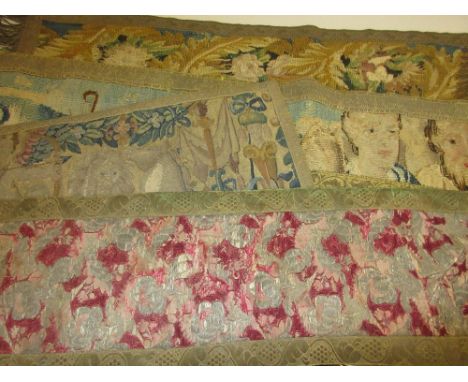 Group of four 17th / 18th Century tapestry fragments including floral, figures, heads and horses together with another antiqu