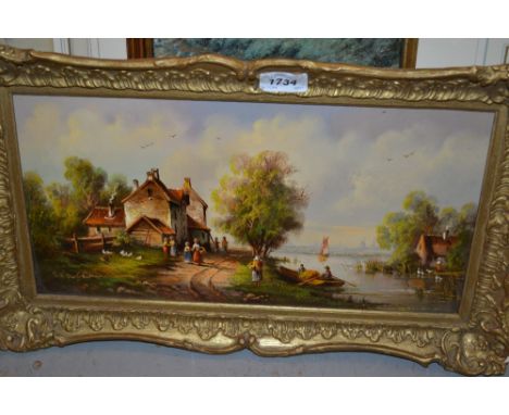 W.E. Van Groot, 20th Century Dutch school, oil on panel, a river landscape with figures, buildings and a boat, signed, 7.5ins