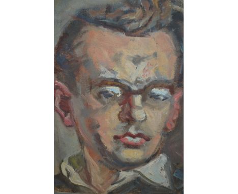 Modern British school, oil on canvas, head and shoulder portrait of a young man, unsigned, 18ins x 14ins, unframed