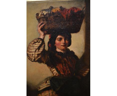 Late 19th Century gilt framed oil on canvas, portrait of a young lady carrying a basket, 20ins x 14ins