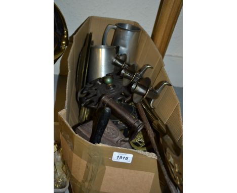 Box containing a quantity of various decorative brass including fire tools, vases etc.