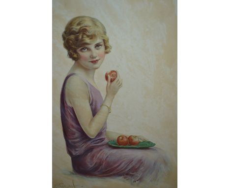 Gilt framed portrait print of an Art Deco lady eating an apple together with four similar prints