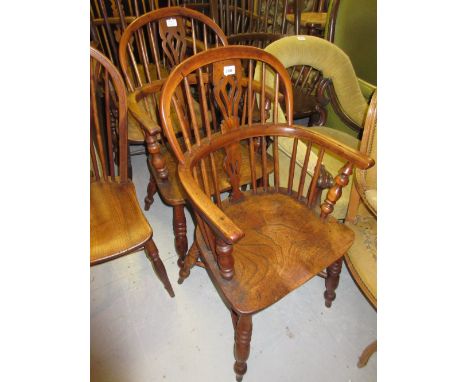 Pair of George III yew and elm Windsor armchairs with pierced splat and stick backs, above turned supports with crinoline str