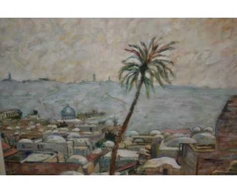 20th Century oil on board, view of Jerusalem, signed Astrid Wahlstedt together with an oil on canvas, lamp lit city street sc