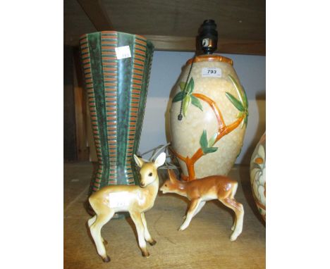 Two Royal Dux figures of animals, Crown Ducal lamp base decorated with bamboo design and a West German tapering vase