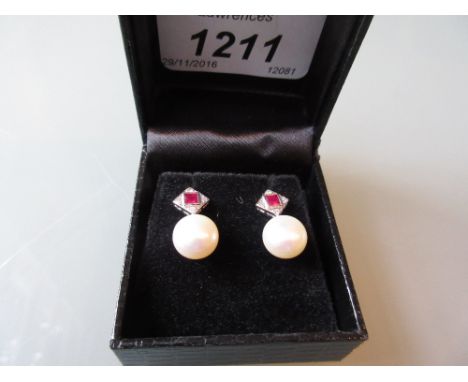 Pair of 18ct white gold ruby, diamond and cultured pearl stud earrings