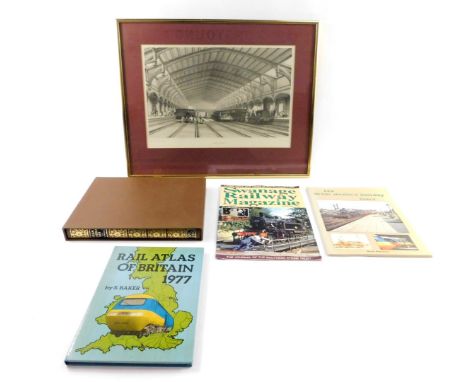 A framed print of Bristol Railway Station, The Steam Cameramen Book, Rail Atlas of Britain 1977, and two Railway Magazines. (
