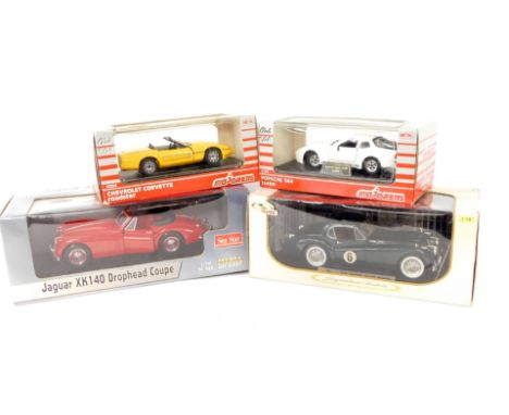 Four die cast sports cars, comprising Sunstar Jaguar XK140 drop head coupe, 1:18 scale.,  Signature Models 1949 Jaguar XK120 