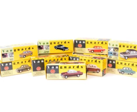 Vanguards die cast car models, 1:43 scale, to include Austin Cambridge, Ford Classic 109E, Triumph Herald, Vauxhall Victor, e