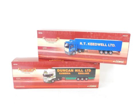 Two Corgi Hauliers of Renown limited edition die cast lorries, comprising Scania R Series Top Line Curtainside - Duncan Hill 