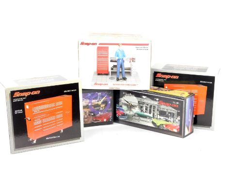 Two Snap-On die cast replica tool chest coin banks, 1:8 scale, both comprising KRA5012 locker, KRA5208 top chest, and KRA5319