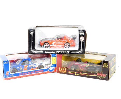 Three Snap-On die cast race vehicles, comprising Snap-On Racing 1995 Limited Edition Series Indy Car., Honda S2000CR., and Ra