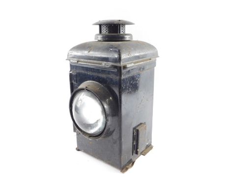 An Adlike black painted railway lamp, 38cm H.