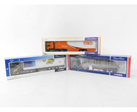 Three Corgi die cast lorries, 1:50 scale, comprising MAN box trailer - TNT, 75701., MAN curtainside - MAN, 75801., and ERF EC