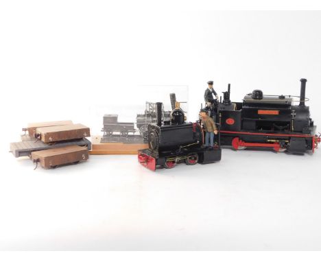 A kit built O gauge locomotive Dorothy, black livery, further O gauge locomotive, black livery, flat wagons, and a Bachmann L
