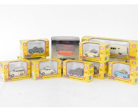 Pocketbond Classix Transport Treasures Morris Minor die cast vehicles, 1:76 scale, including Morris Minor Pick-Up, Morris Min