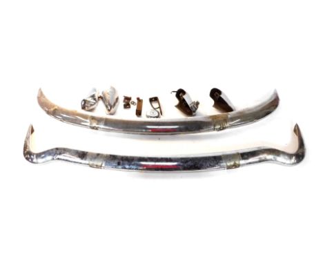 An MGB chrome front and rear bumper, 140cm W and 144cm W respectively, together with four MGB chrome over-riders, two with li