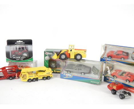 Die cast vehicles, to include Corgi Ferrari 308/GTS, 94045., Corgi Porsche 944 94150., Teamsters Country Life Tractor, 1:32 s