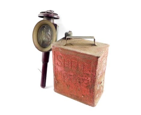 A Raydeyot maroon painted carriage lamp, converted to electricity, together with a shell oil can. (2)