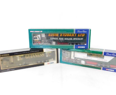 Three Corgi die cast lorries, 1:50 scale, comprising MAN TGA XL Step Frame Curtainside Trailer - Eddie Stobart, CC13405., Ley