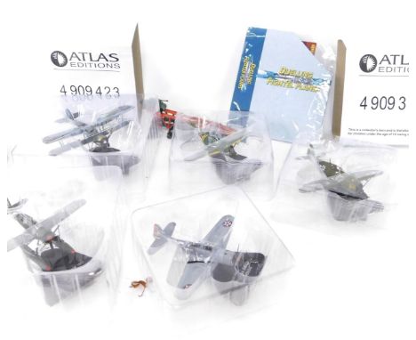 Five Atlas Edition Fighter Plane models, 1:72 scale, to include Arado AR196, Douglas SPD Dauntless, Farey Swordfish, etc, all