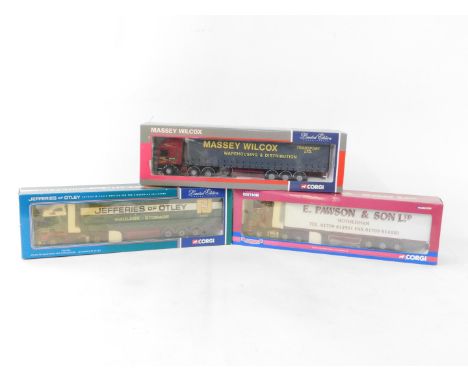 Three Corgi die cast lorries, 1:50 scale, comprising BRF Curtainside - Massey Wilcox, 75206., Volvo FH Globetrotter Curtainsi