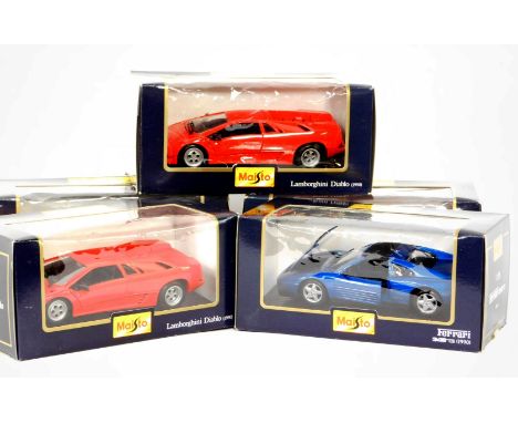 Five Maisto die cast sports cars, 1:24 scale, comprising two Ferrari 348 TS, 1990, two Lamborghini Diablos (1990), and a Pors