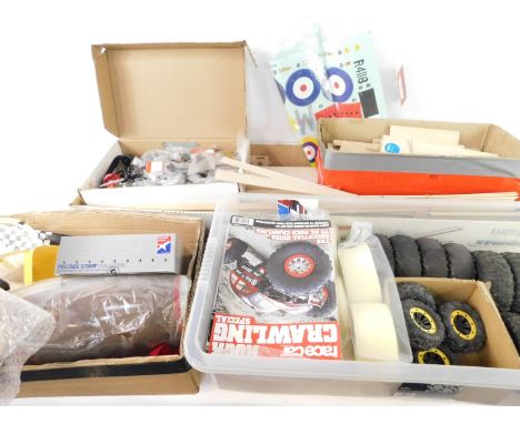 Model airplane parts and accessories, to include folding props, plastic housings, plywood lengths, wheels, etc. (qty)