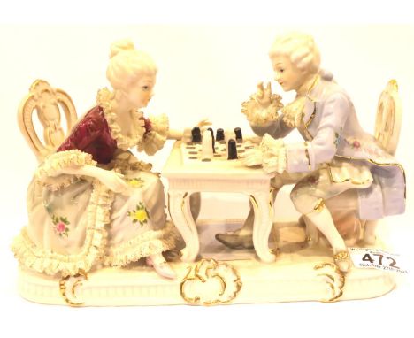 Dresden playing chess figurine, L: 26 cm. No cracks, chips or visible restoration. P&amp;P Group 3 (£25+VAT for the first lot