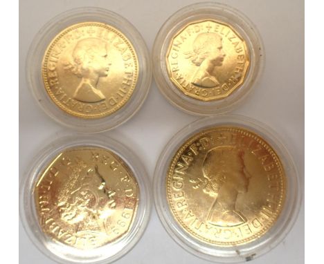 Four gold plated UK coins, each painted and encapsulated. P&amp;P Group 1 (£14+VAT for the first lot and £1+VAT for subsequen