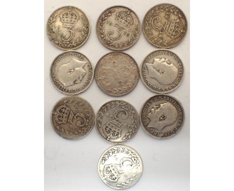 Ten 1911-15 silver threepences of George V, varying grades. P&amp;P Group 1 (£14+VAT for the first lot and £1+VAT for subsequ