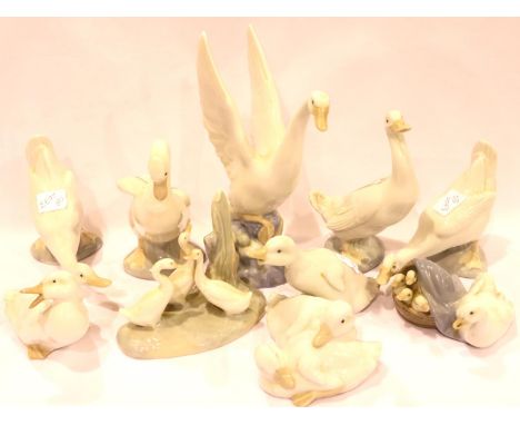 Nine Nao ceramic ducks and geese, with a Lladro duck with ducklings (10). No chips, cracks or visible restoration. P&amp;P Gr