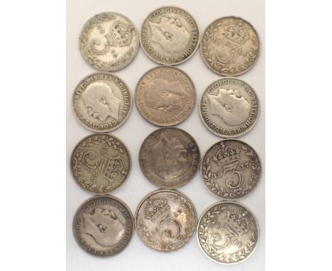 1911-22 collection of silver threepences of George V, varying grades (12). P&amp;P Group 1 (£14+VAT for the first lot and £1+