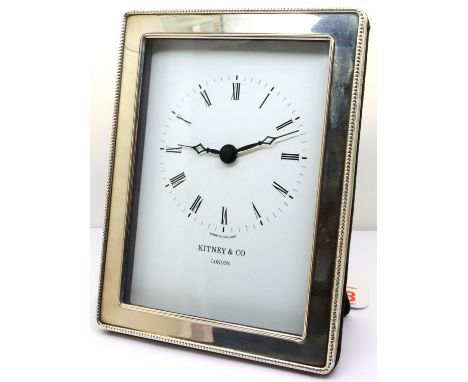 Kitney &amp; Co London silver mantel clock, working at lotting, L: 15 cm. P&amp;P Group 1 (£14+VAT for the first lot and £1+V