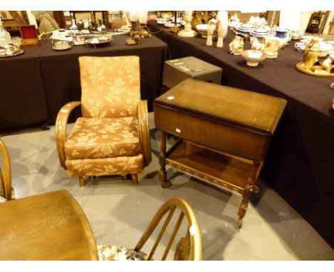 Vintage upholstered armchair and a drop leaf tea trolley