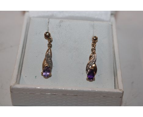 A pair of Hallmarked 9ct gold amethyst and diamond drop ear-rings 